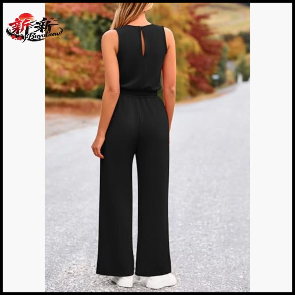Sleeveless Wide Leg Jumpsuit, Polyester Viscose Elastane Blend, Casual Summer - Picture 2 of 7